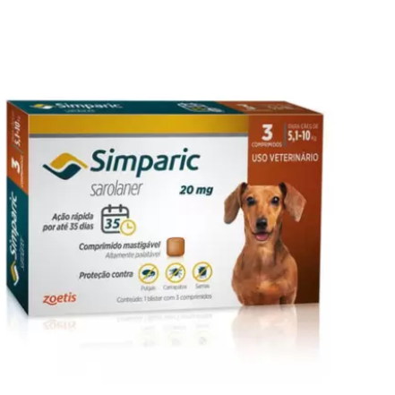 Simparic antipulgas, carrapatos e sarnas para Cães de 5,1 a 10Kg com 3 comprimidos - Zoetis